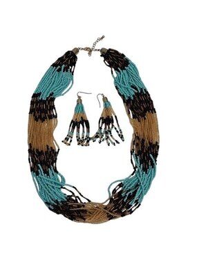 Beaded Multicolor Necklace Dangle Earrings Set Turquoise Black Gold Beige Boho S